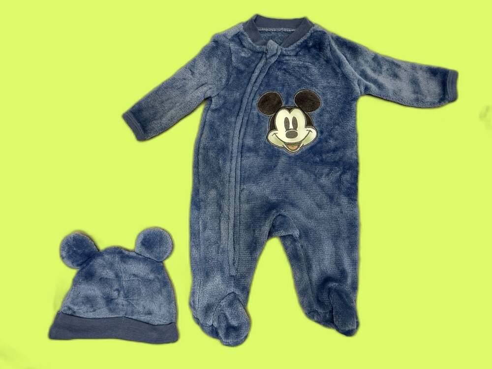 Baby Mickey Mouse Blue Fleece Footed  with Matching Hat Set-kids